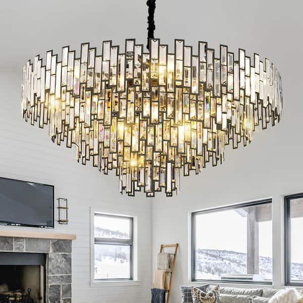 38.5 in. Modern Chandelier 26-Light 5-Tier Black Round K9 Crystal Chandelier for Dining Room Living Room Entryway, Foyer