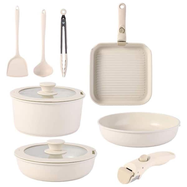 12 Piece Aluminum Nonstick White Cookware Set with Removable Handle Induction Oven Safe PFOA Free Kitchen