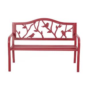 2-Person Red Metal Outdoor Garden Bench with Bird-Shaped Backrest and Armrests for Garden, Park, Yard, Patio and Lawn