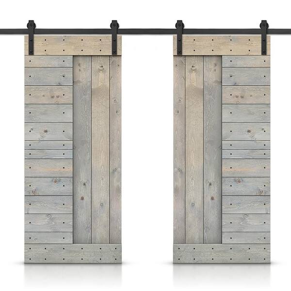 CALHOME 72 in. x 84 in. Smoke Gray Stained DIY Knotty Pine Wood Interior Double Sliding Barn Door with Hardware Kit