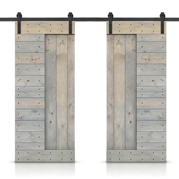 CALHOME 84 in. x 84 in. Smoke Gray Stained DIY Knotty Pine Wood Interior Double Sliding Barn Door with Hardware Kit