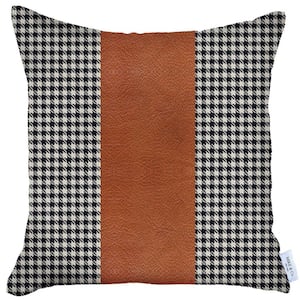 Boho-Chic Handcrafted Vegan Faux Leather Black and Brown 18 in. x 18 in. Square Houndstooth Throw Pillow Cover