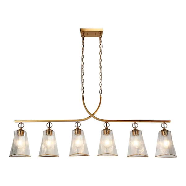 LNC Sduiaor 54.3 in. 6-Light Transitional Brass Linear Chandelier with Textured Glass Shades, No Bulb Included