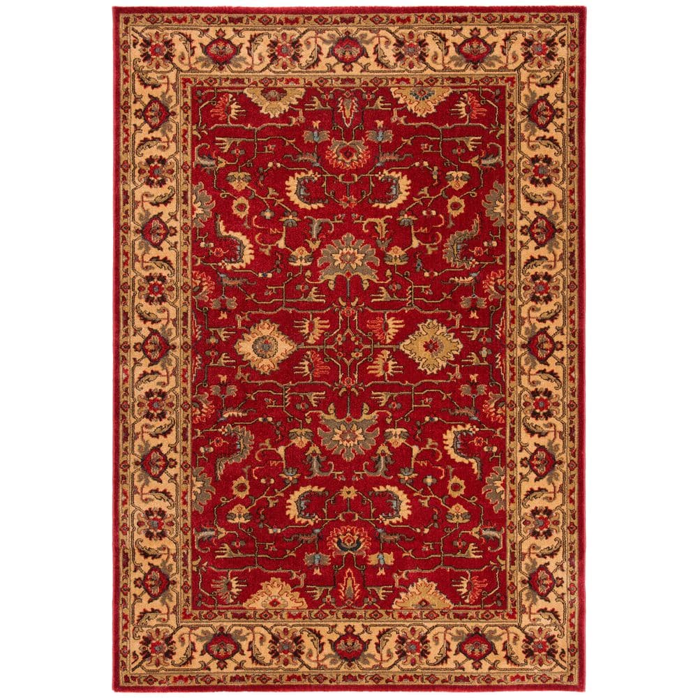 Elegant Red and Beige Hand-Knotted Synthetic Rectangular Rug