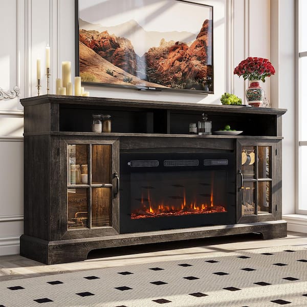 70 in. Freestanding Floor Wooden Surround Electric Fireplace TV Stand 36 in. Gray