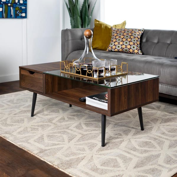 Walker Edison Furniture Company Mid 42 in. Dark Walnut Rectangle Glass Top Coffee Table with Storage