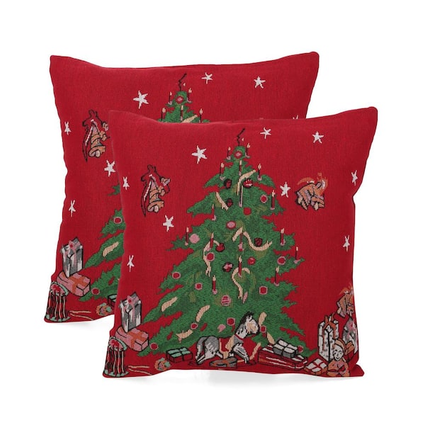 Noble House Conley Christmas Tree Jacquard Fabric 18 in. x 18 in. Christmas Throw Pillow (Set of 2)
