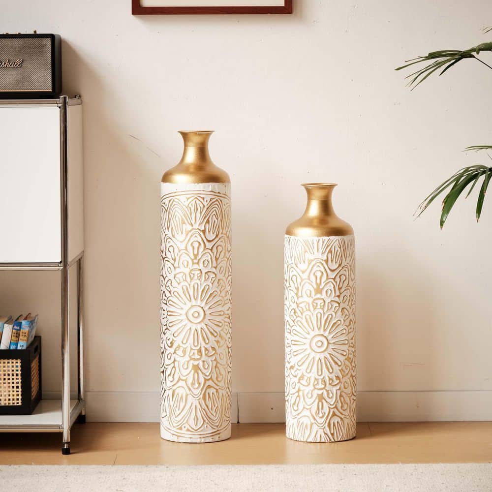 Large Floor Metal Vases (Set of 2) Decorated White Metal Vases Modern Tall 