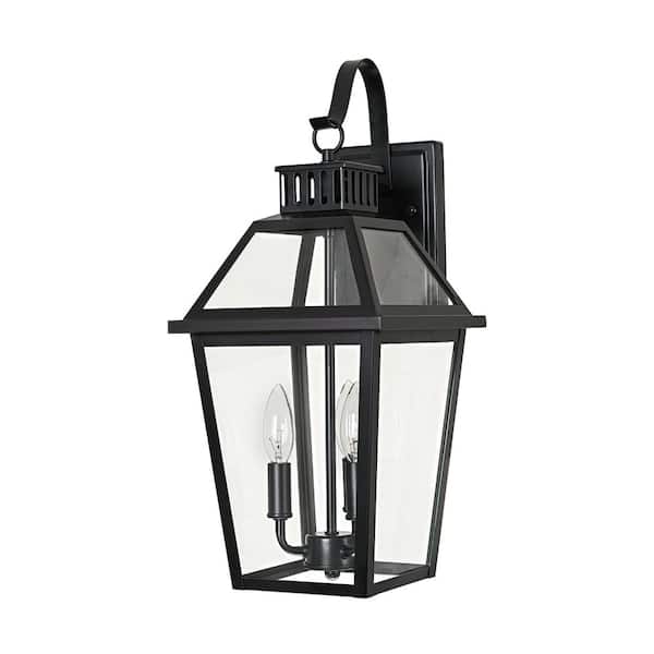 20 in. 3-Light Matte Black Hardwired Outdoor Wall Light Lantern Porch Sconce with Clear Glass Shade, No Bulbs Included