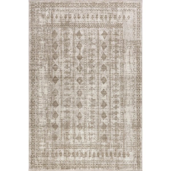 Saturdays Geometric Fringed Light Beige 4 ft. x 6 ft. Indoor/Outdoor Patio Area Rug