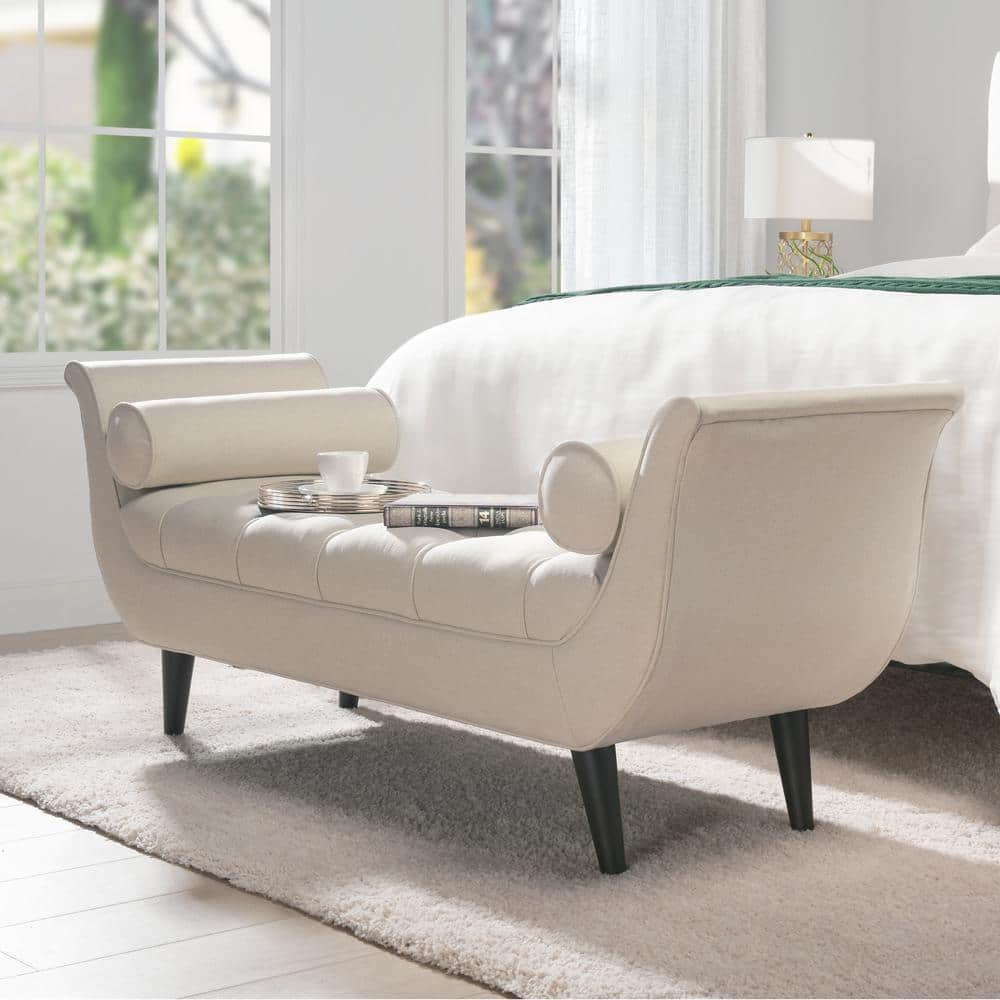 Alma Sky Neutral Tufted Flare Arm Pine Wood Entryway Bench