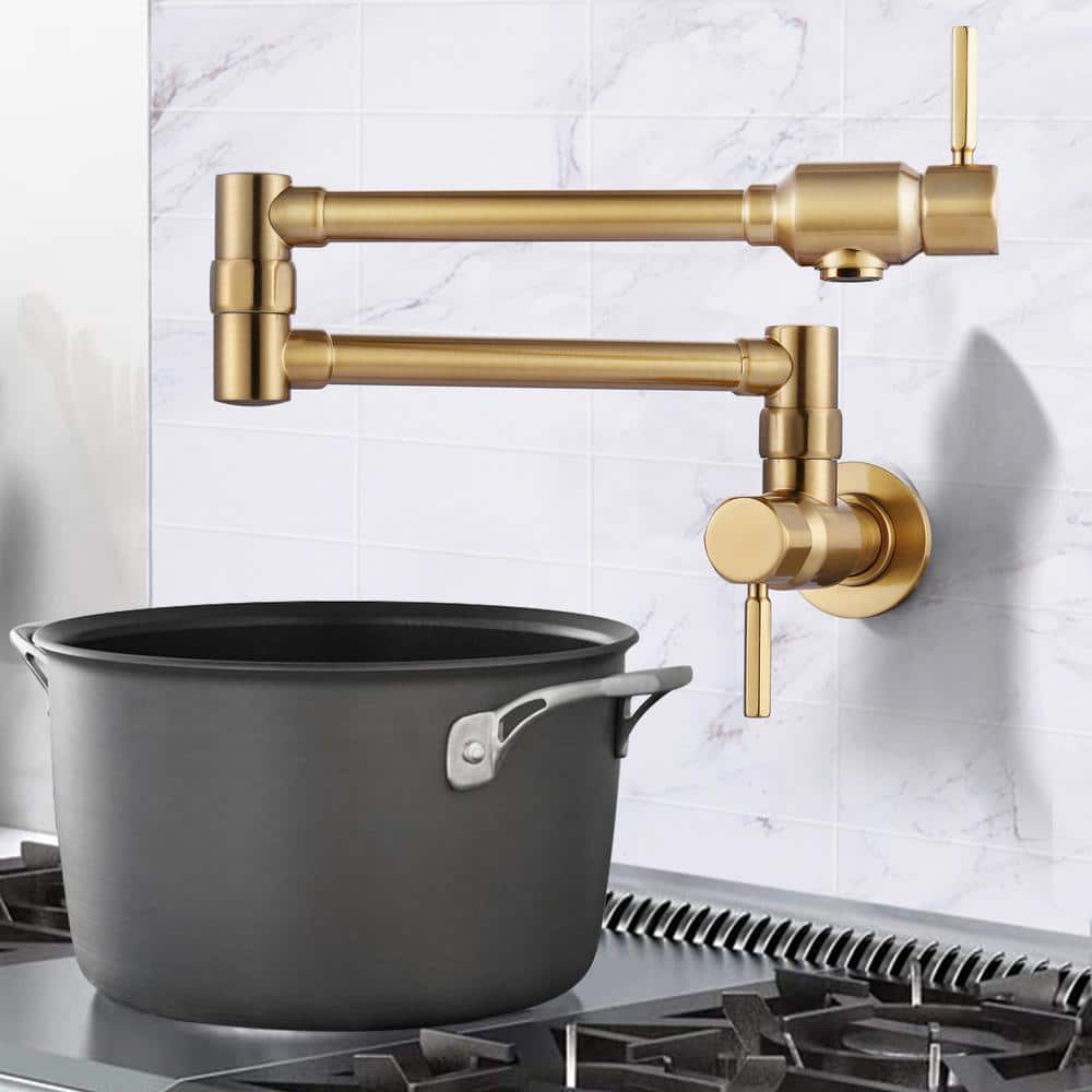 Brushed Gold Wall Mount Double Handle Pot Filler Faucet