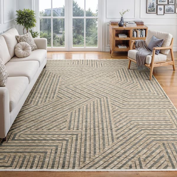 Eclipse Beige/Gray 7 ft. x 10 ft. Geometric Stripe Polyester Fringe-Edge Indoor Area Rug