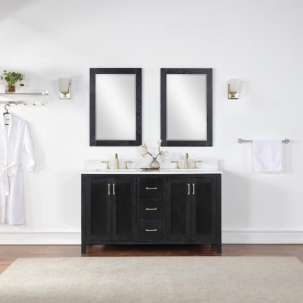 Altair Hadiya 60 in. W x 22 in. D x 34 in. H Double Sink Bath Vanity in Black Oak with White Composite Stone Top and Mirror