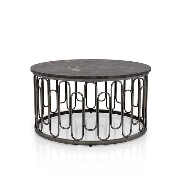 Furniture of America Farley 36 in Black Round Stone Coffee Table With Metal Frame