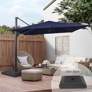 10 ft. x 10 ft. Aluminum Cantilever 360-Degree Roration Offset Patio Umbrella with a Base in Navy Blue