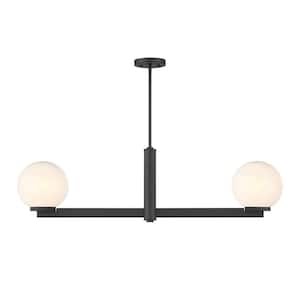 8 in. W x 12 in. H 2-Light Matte Black Modern Linear Chandelier with White Strie Glass Shades