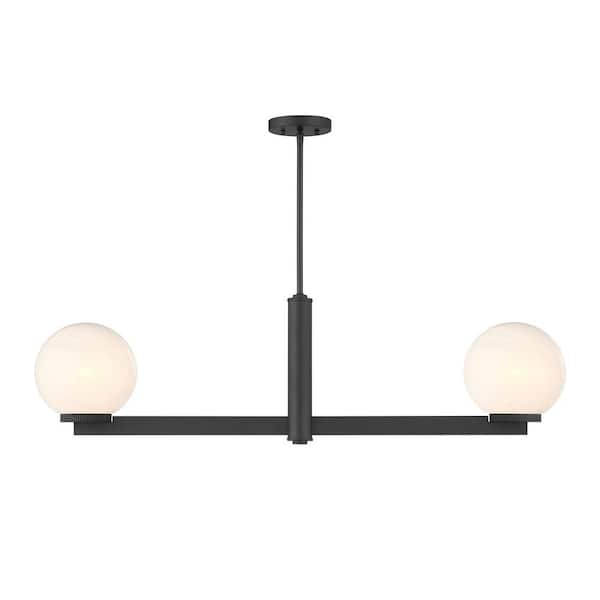 TUXEDO PARK LIGHTING 8 in. W x 12 in. H 2-Light Matte Black Modern Linear Chandelier with White Strie Glass Shades