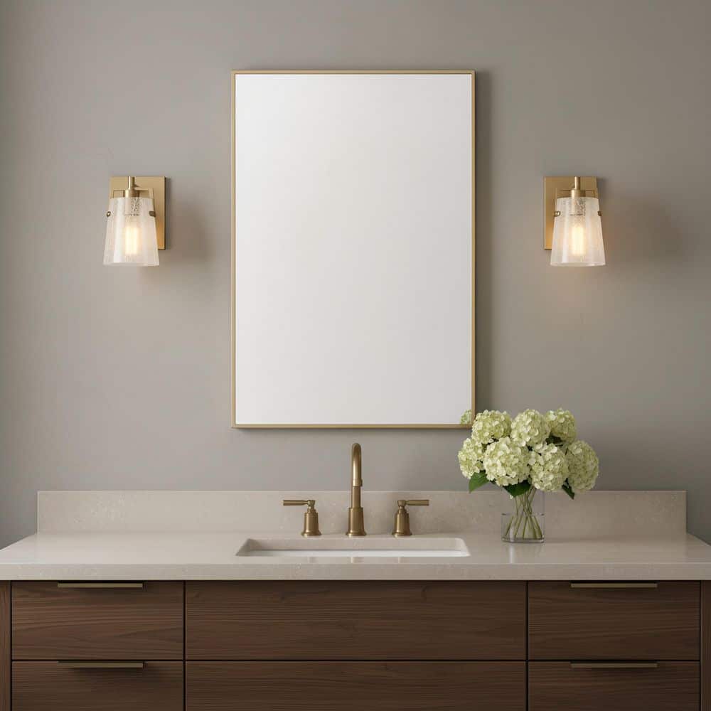 Crofton 5.25 in. W x 9 in. H 1-Light Satin Brass Bathroom Wall Sconce with Clear Crackle Glass Shade price history on PriceWatchPro