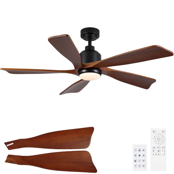 TeakAura 52 in. Indoor Matte Black Downrod Standard Soild Wood Ceiling Fan with Light and Remote Control Included