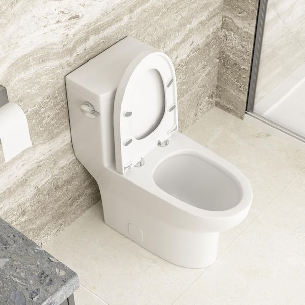 12 in. Rough in Single Flush 1.28 GPF Elongated 1-Piece Toilet in White with Soft Close Seat