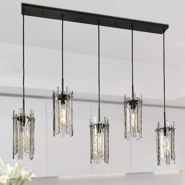 Modern 5-Light Matte Black Chandelier Linear Island High Ceiling Light with Drum Gray Textured Glass Shade