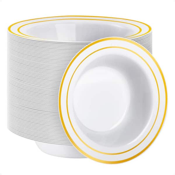 100-Pack 12 fl. oz. Plastic Bowls with Gold Rim, Disposable Soup Bowls, Dessert Bowls for Weddings, Parties, Dinners