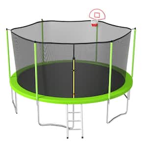 15 ft. Outdoor Kids Trampoline with Enclosure Net, Basketball Hoop and Ladder, Heavy-Duty Round Trampoline, Green