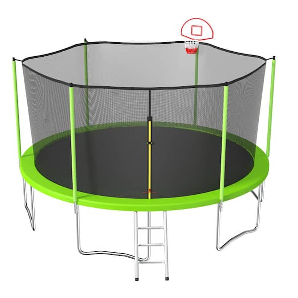 Unbranded 15 ft. Outdoor Kids Trampoline with Enclosure Net, Basketball Hoop and Ladder, Heavy-Duty Round Trampoline, Green