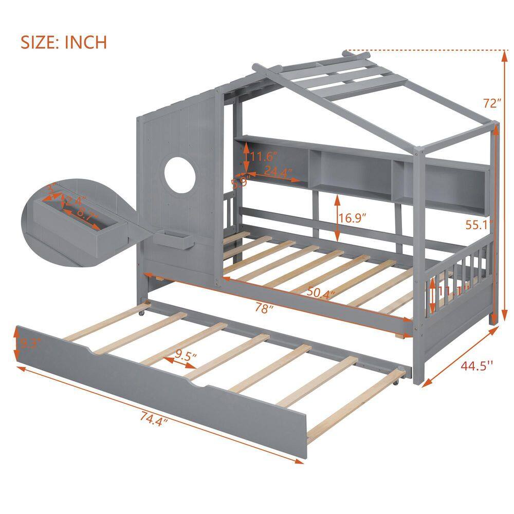 Gray Wood Frame Full Size Platform Bed with Trundle, Storage Shlef - thumbnail 6