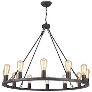 Loughlam 12-Light Antique Black Farmhouse Candle Style Wagon Wheel Chandelier for Living Room Kitchen Island Dining Room
