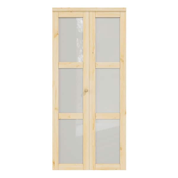 36 in. x 80 in. 3-Lite Frosted Glass Solid Core Unfinished Pine Glass Interior Closet Bi-Fold Door with Hardware