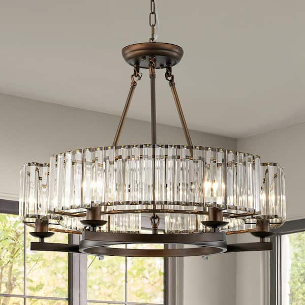 Elijah 6-Light Vintage Modern Aged Bronze Drum Wagon Wheel Chandelier with Crystal Shade