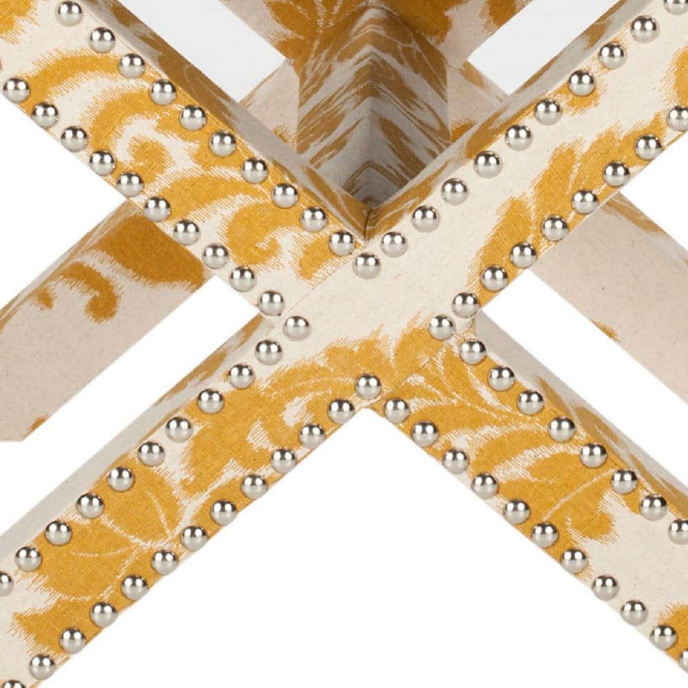 Maize and Beige Damask Pattern Upholstered Ottoman with Silver Nailhead Trim