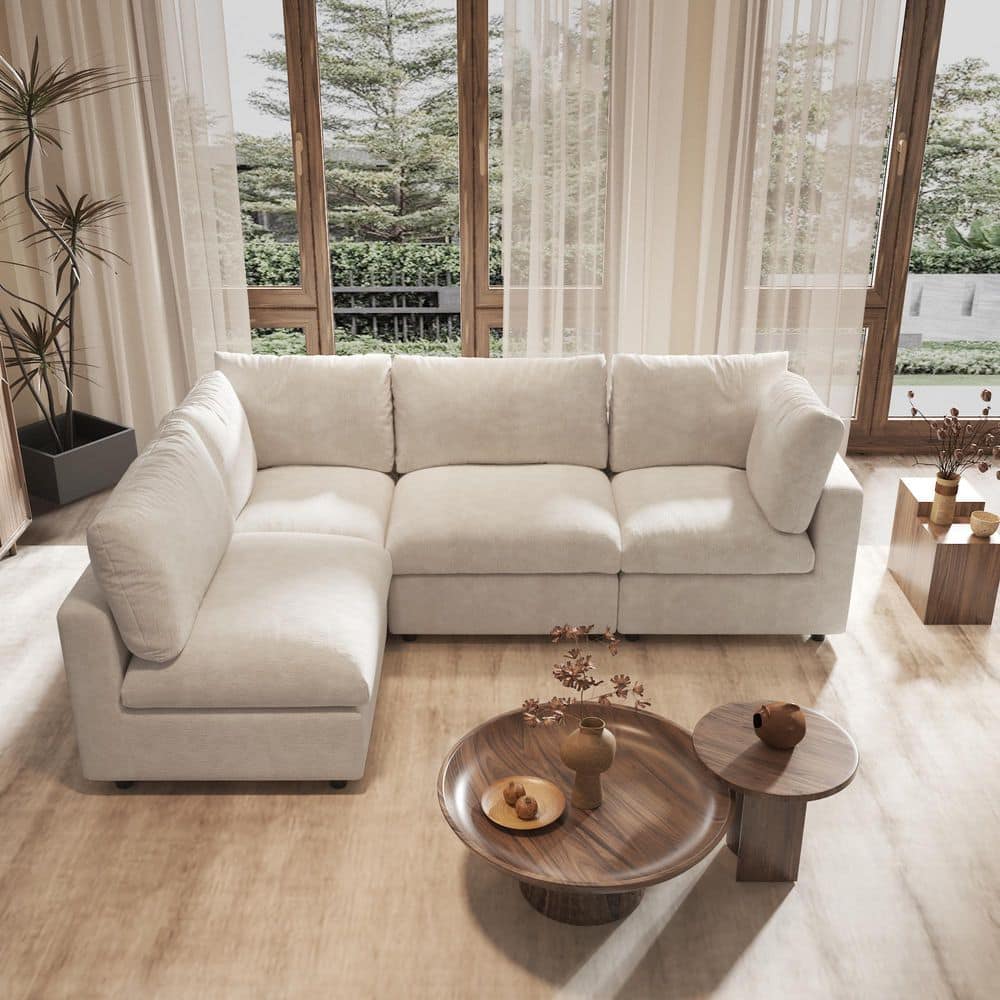 100.5 in. Armless 4-piece Chenille Modular Free Combination Sectional Sofa with Removable Covers in Beige