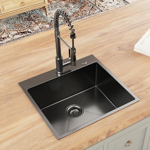 25 in. Drop-In Single Bowl 18 Gauge Gunmetal Black Stainless Steel Kitchen Sink with Black Spring Neck Faucet