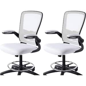 Mesh Drafting Chair with Lumbar Support Ergonomic Tall Executive Office Chair in White/Black Adjustable Height Set of 2