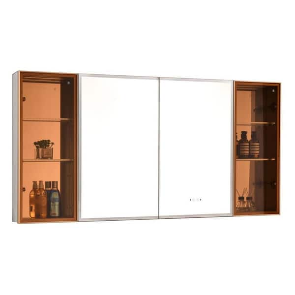 Andrea 60 in. W x 30 in. H Large Rectangular Gold Aluminum LED Anti fog Recessed or Surface Mount Medicine Cabinet with Mirror