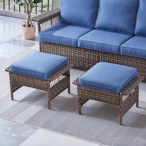 GliderNet Metal and Brown Wicker Outdoor Ottoman with Olefin Navy Blue Cushion (2-Pack)