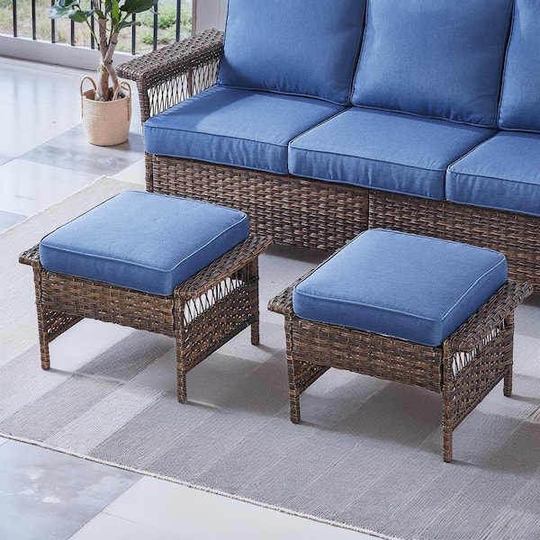 Opohoro GliderNet Metal and Brown Wicker Outdoor Ottoman with Olefin Navy Blue Cushion (2-Pack)