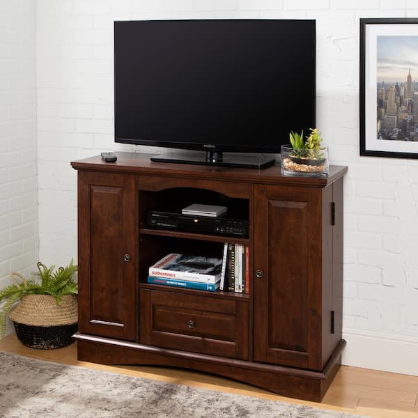 Walker Edison Furniture Company Laguna 42 in. Traditional Brown Composite TV Stand with 1 Drawer Fits TVs Up to 48 in. with Adjustable Shelves