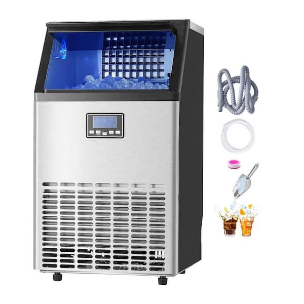15 in. Commercial Ice Maker 100 lbs./24H Self-cleaning 33lbs. Storage 45 Tray Full Size Cubes Freestanding LED in Silver