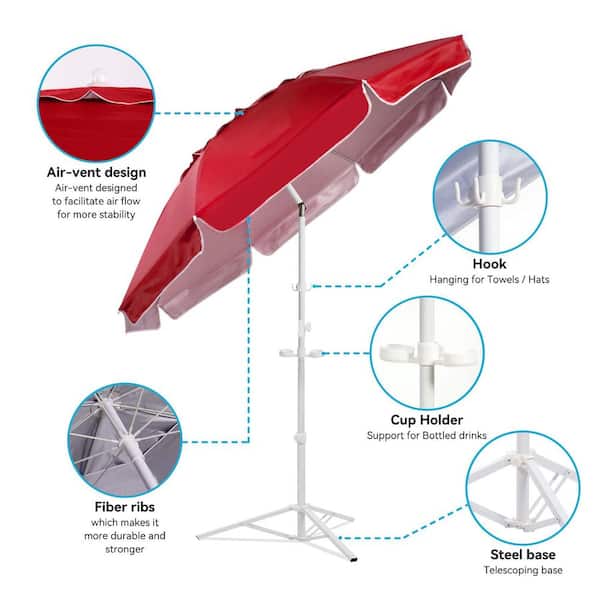 OGETFUUR 6.5 ft. Red Shade Umbrella, Premium Portable Umbrella