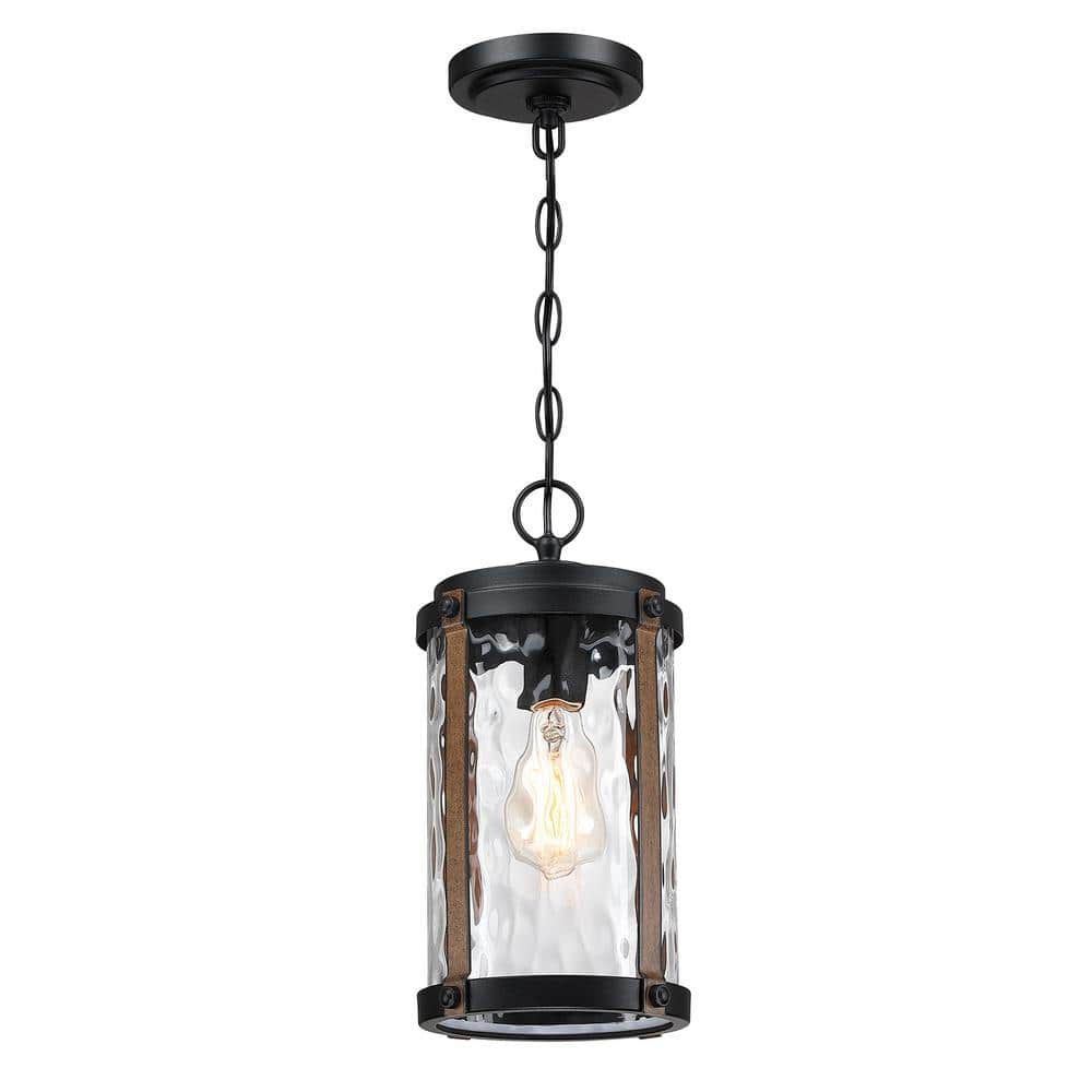 Miscool 1-Light Black Hardwired Outdoor Chandelier with Water Glass and Wood