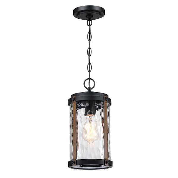 Miscool 1-Light Matte Black and Barnwood Outdoor Hanging Lantern Pendant Light with Water Glass Shade