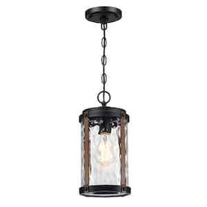 1-Light Matte Black and Barnwood Outdoor Hanging Lantern Pendant Light with Water Glass Shade