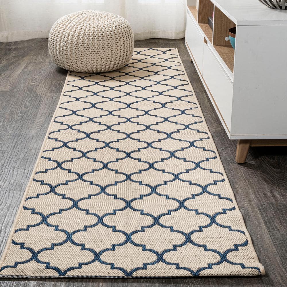Santa Monica Beige/Navy Synthetic Trellis Runner Rug 2x8