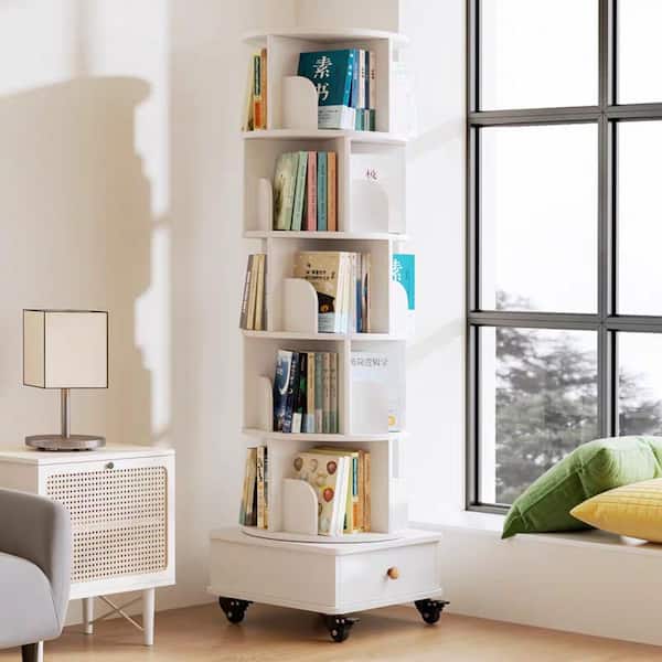 Colby Rotating 69 in. Tall White MDF 6-Shelf Corner Bookcase with Drawer and Lockable Wheels