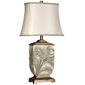 27.5 in. White Embossed Foliage Table Lamp with Ivory Fabric Shade