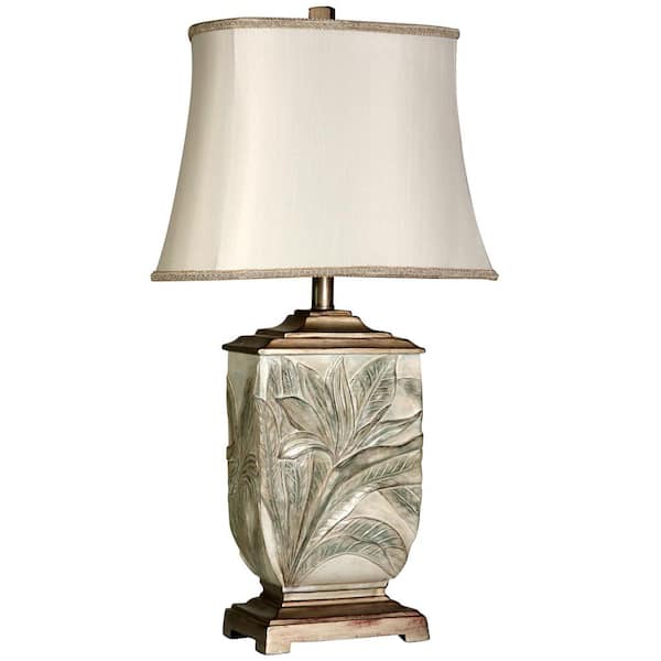 StyleCraft 27.5 in. White Embossed Foliage Table Lamp with Ivory Fabric Shade